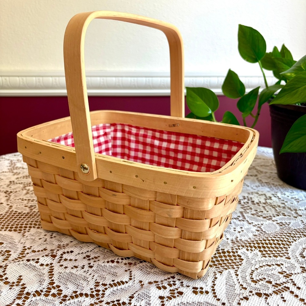 Vintage Woven Picnic Basket Red Gingham Lining Swing Handle 10x8x5 Cottage Retro